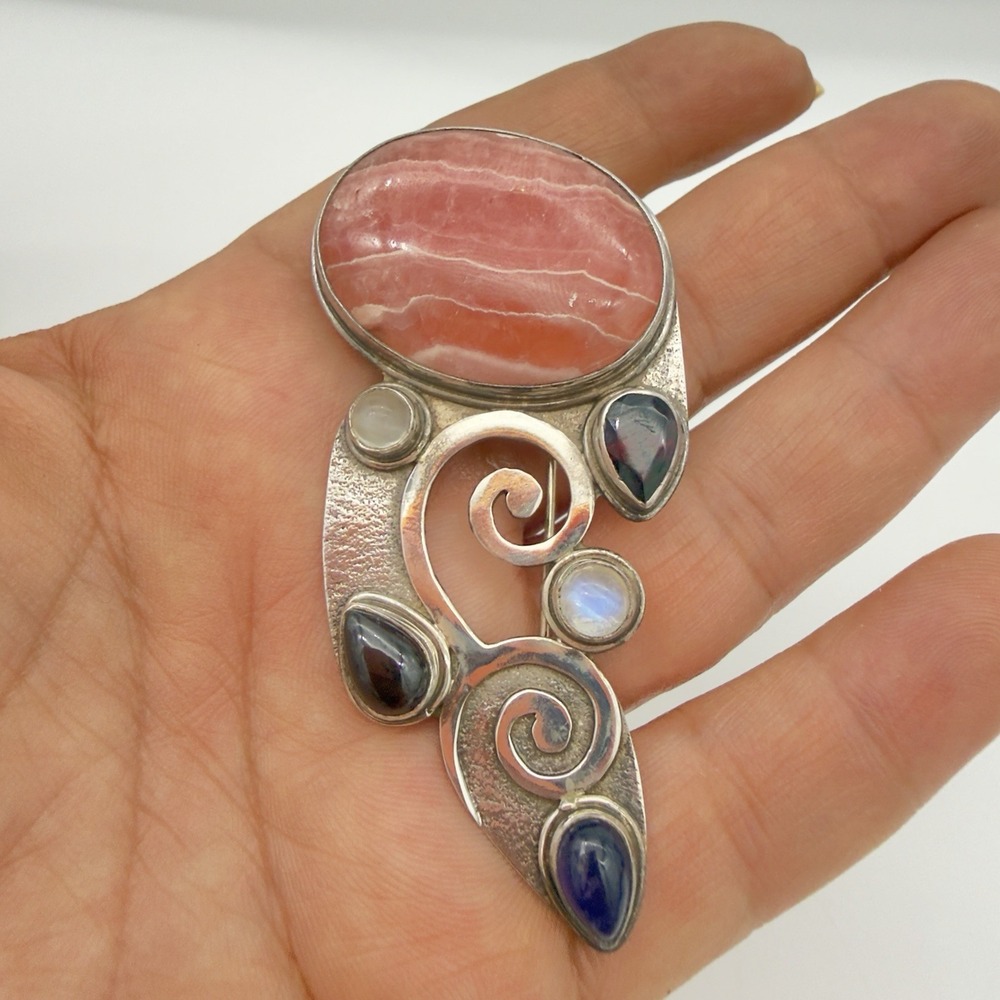Sajen 925 Sterling Silve Rhodocrosite Garnet Amethyst Pin Pendant Large Statemen